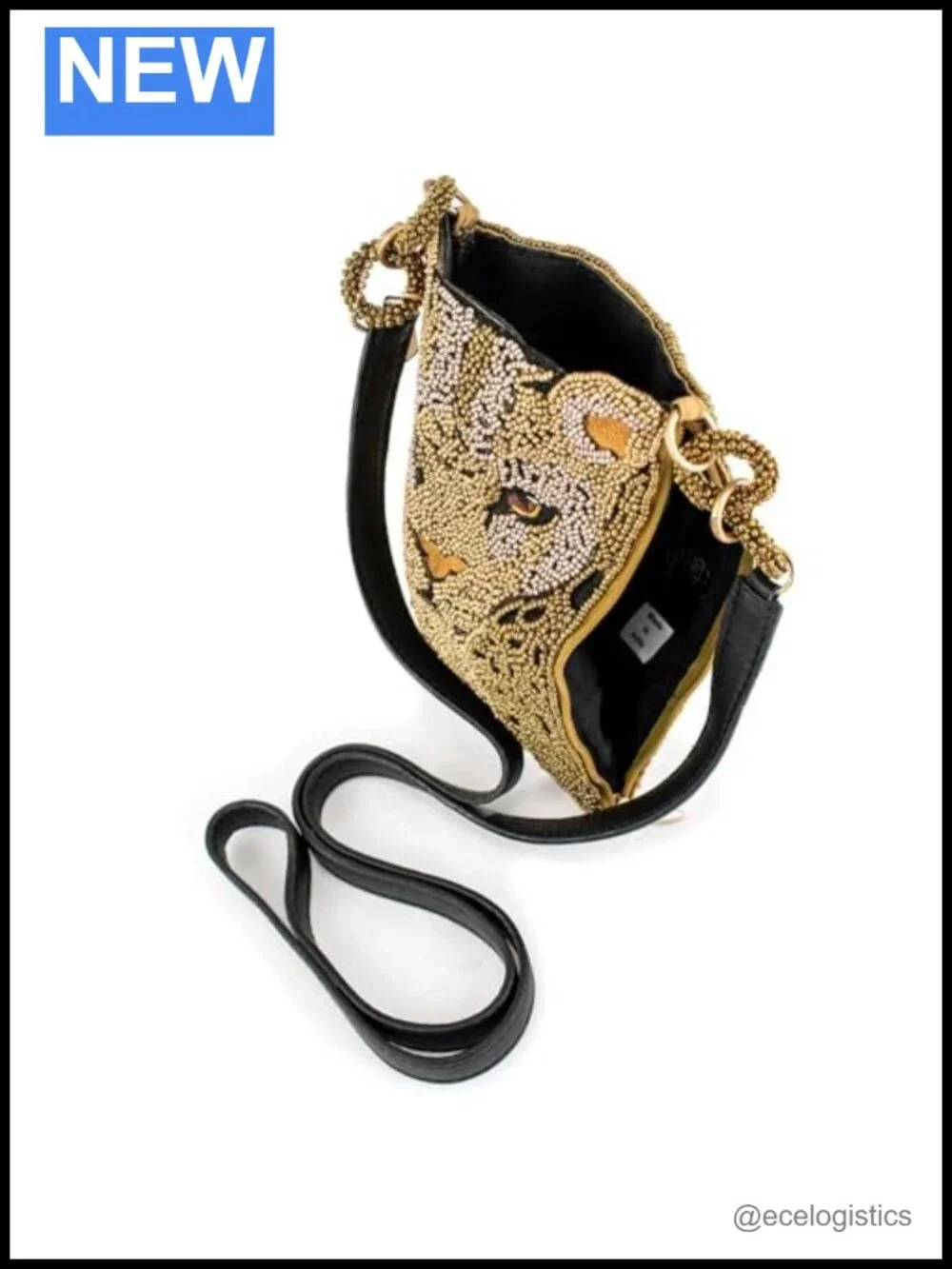 Beaded Leopard Crossbody Cell Phone Bag with Zipper Pocket, Leather Strap